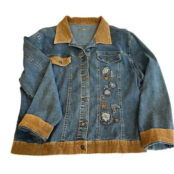 Sage 56 Jackets & Blazers - Vintage Y2K Embroidered Floral Appliqué Denim Jacket 2X Corduroy Chore Coat